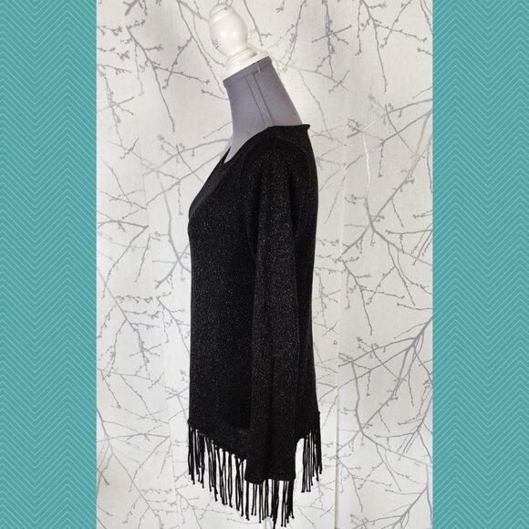 White House Black Market Black Metallic Knit Asymmetrical Fringe Tunic - Picture 2 of 4